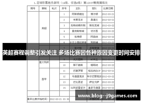 英超赛程调整引发关注 多场比赛因各种原因变更时间安排